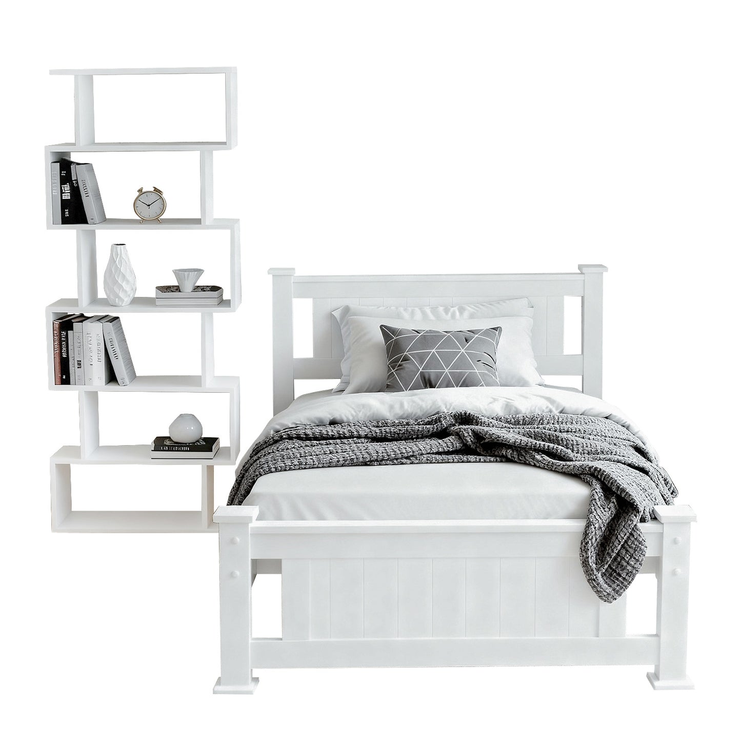Rio King Single Bed Frame and S-Shape Bookshelf Set – White Pine Wood