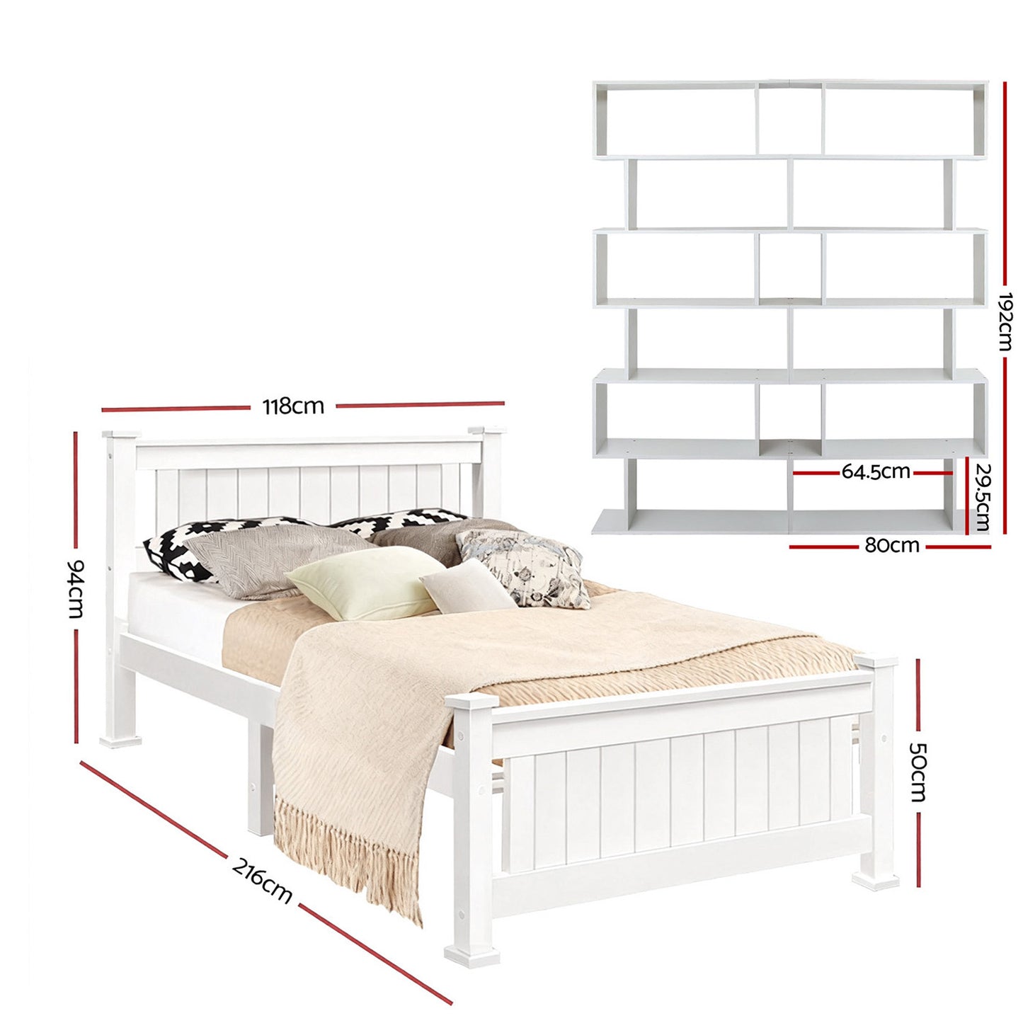 Rio King Single Bed Frame and S-Shape Bookshelf Set – White Pine Wood