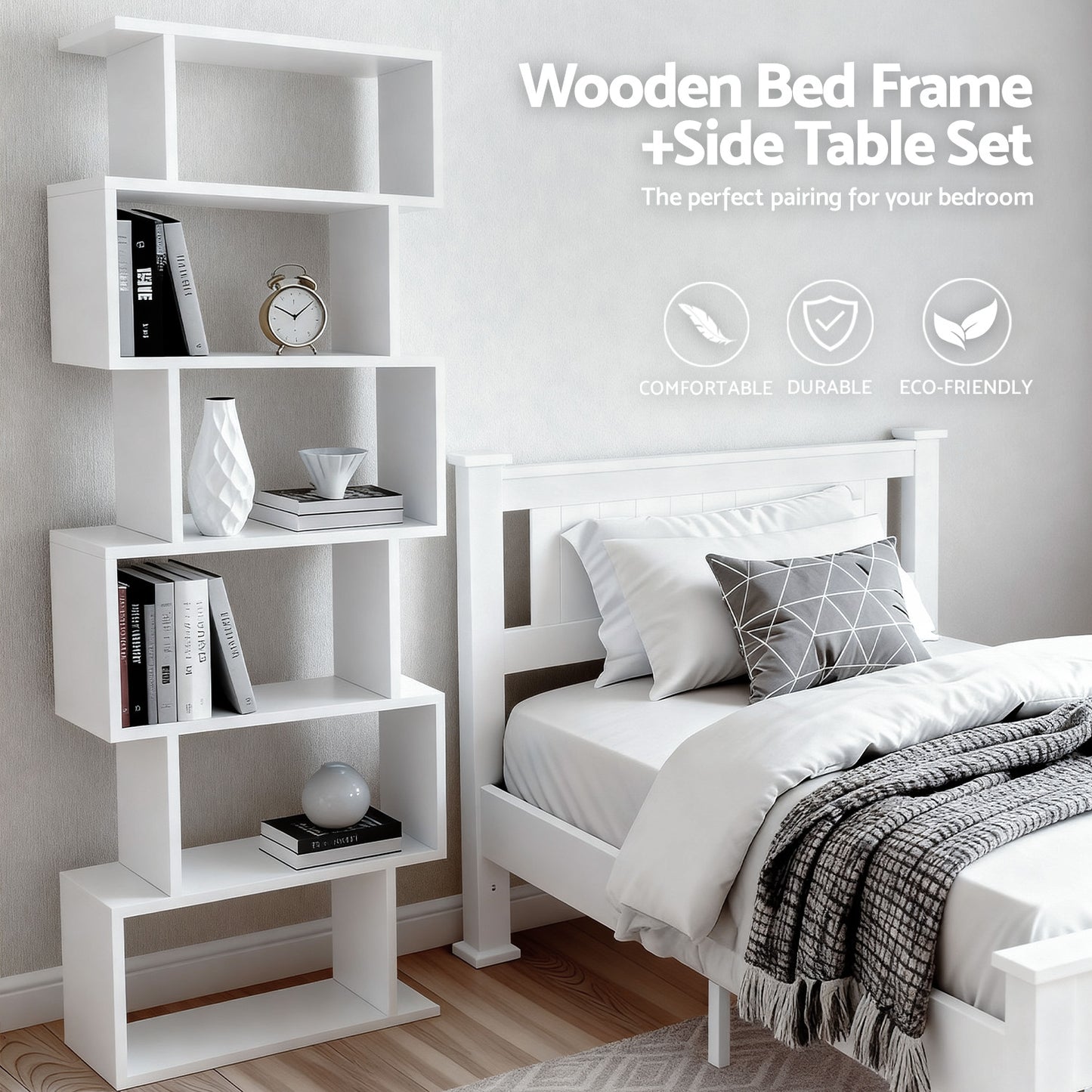 Rio King Single Bed Frame and S-Shape Bookshelf Set – White Pine Wood