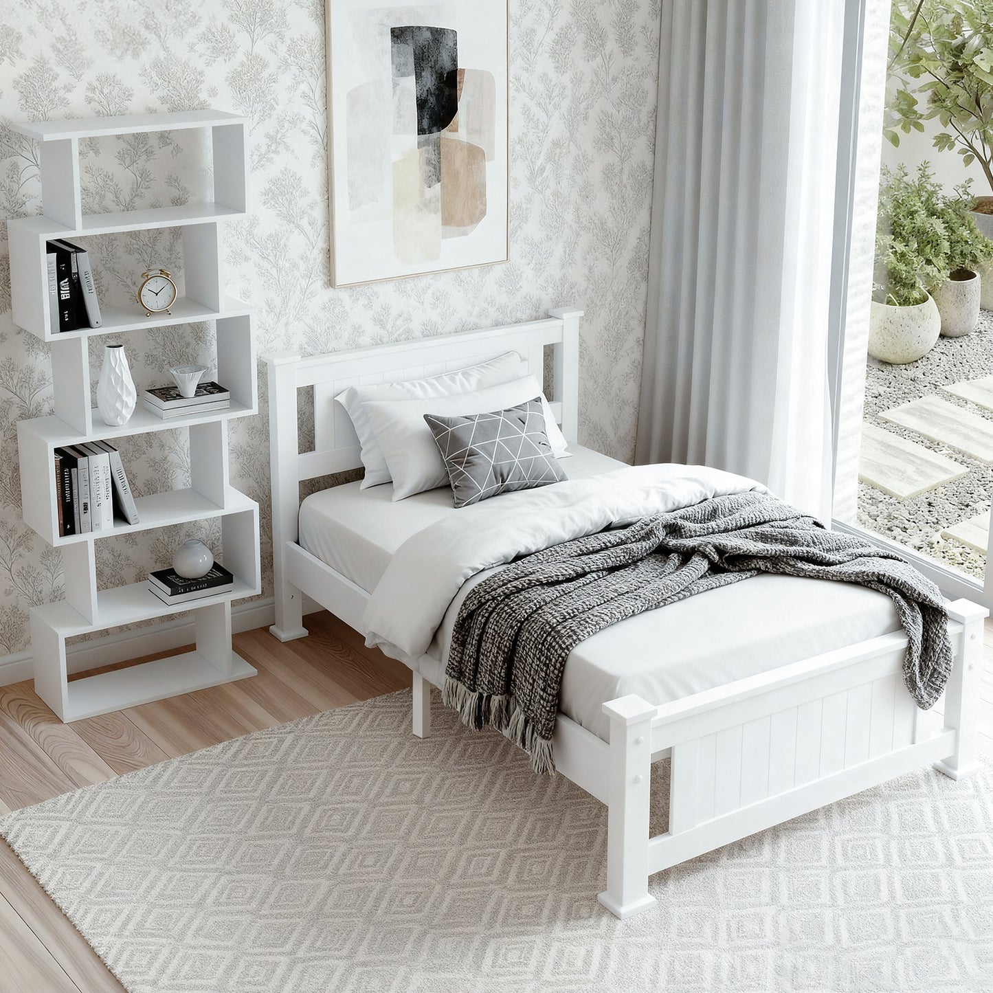 Rio King Single Bed Frame and S-Shape Bookshelf Set – White Pine Wood