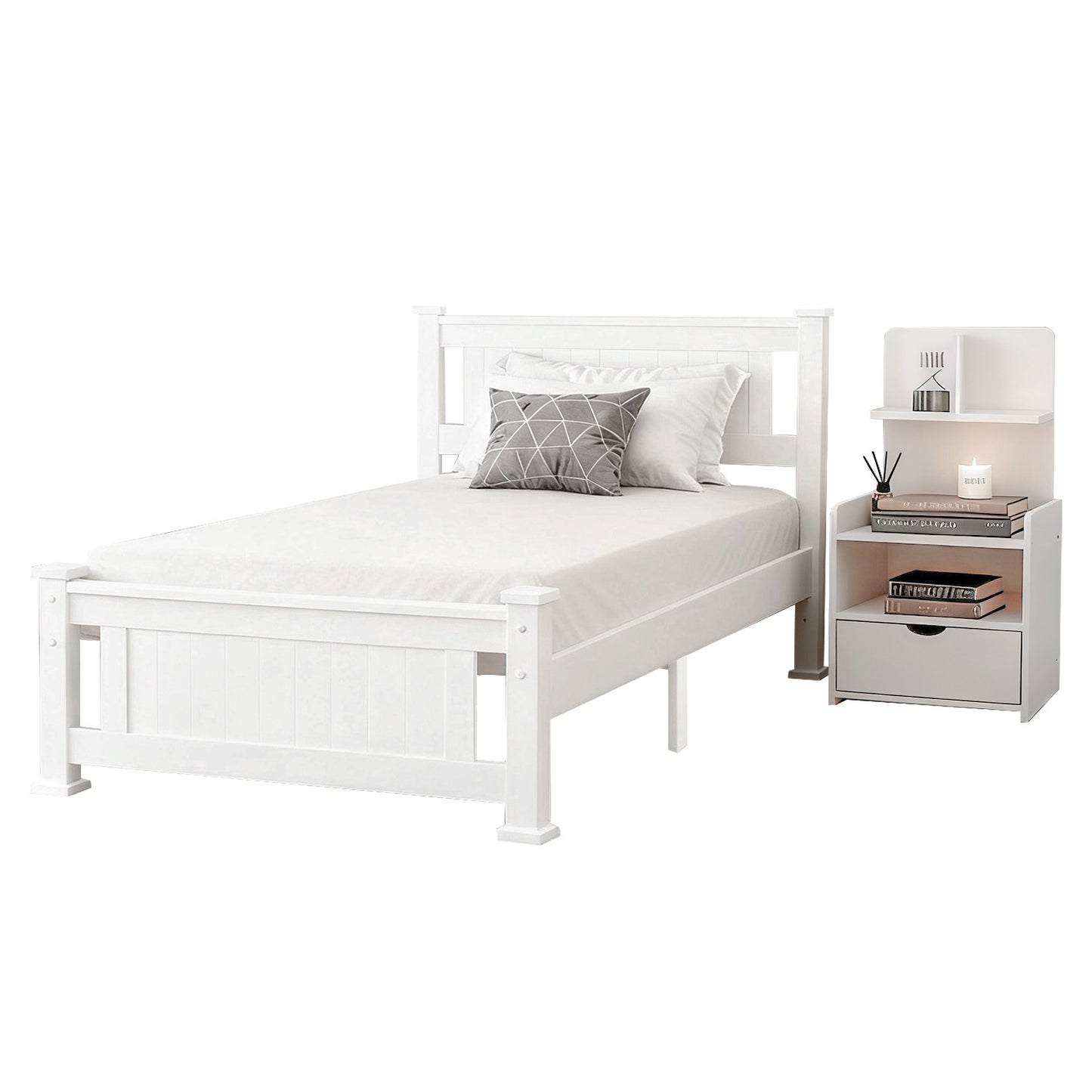 King Single Bed Frame and Bedside Table – White Pine Wood Set