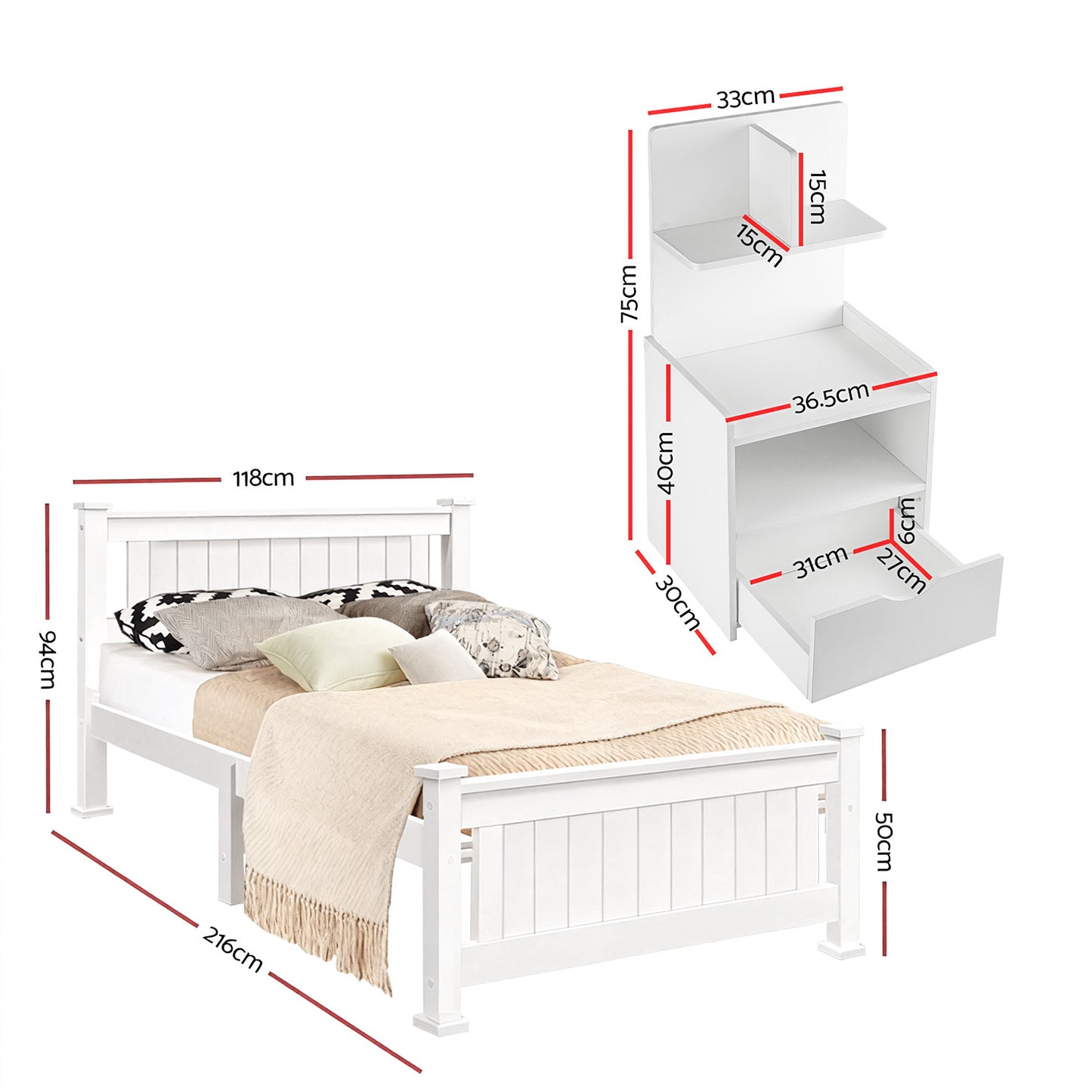 King Single Bed Frame and Bedside Table – White Pine Wood Set