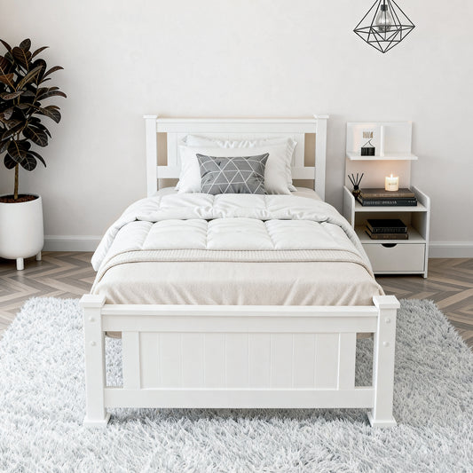 King Single Bed Frame and Bedside Table – White Pine Wood Set