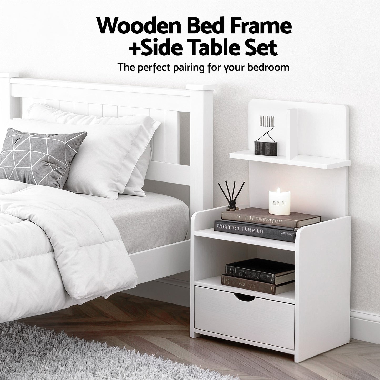 King Single Bed Frame and Bedside Table – White Pine Wood Set