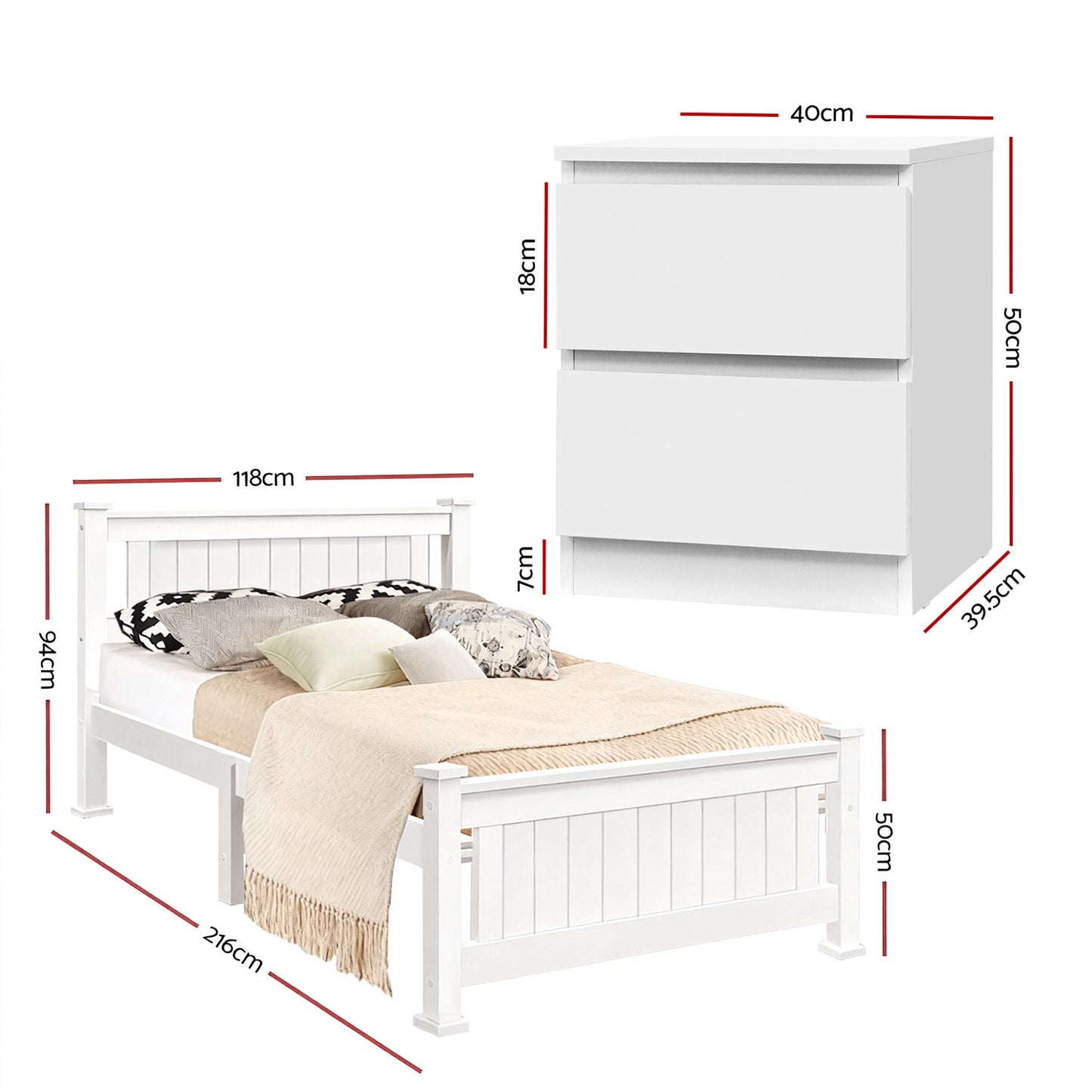 Rio King Single Bed Frame and White Bedside Table – Pine Wood, Modern Design