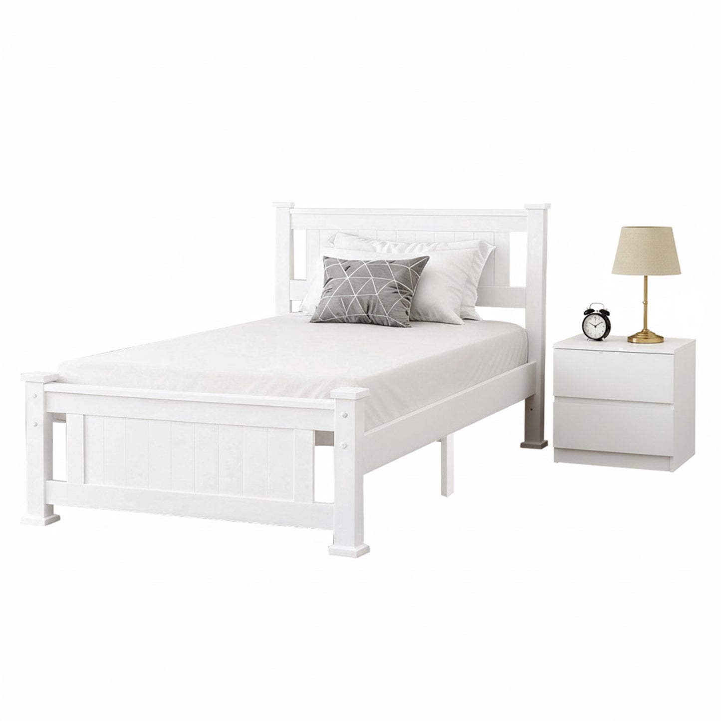 Rio King Single Bed Frame and White Bedside Table – Pine Wood, Modern Design