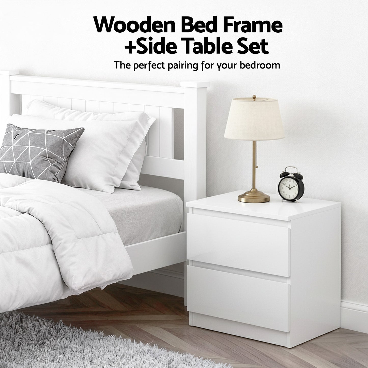 Rio King Single Bed Frame and White Bedside Table – Pine Wood, Modern Design