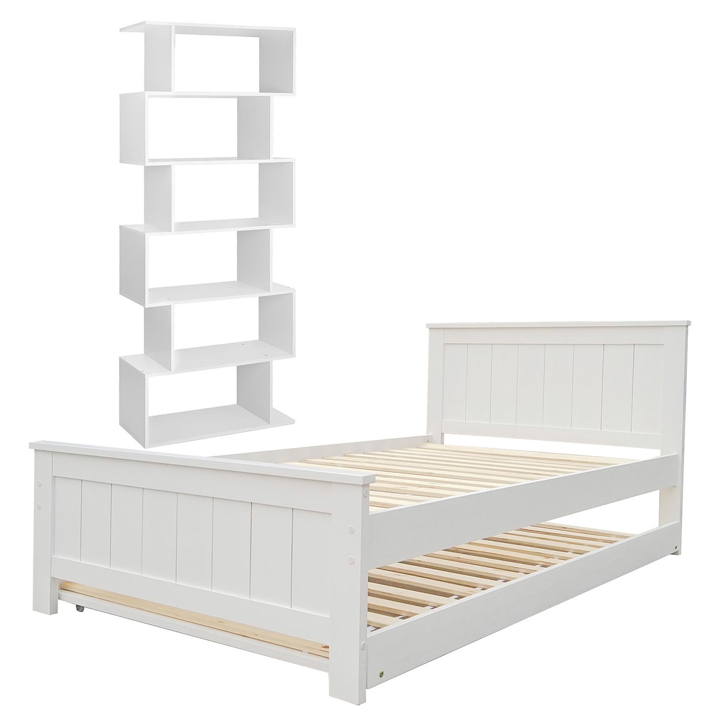 Elvis Trundle Bed with S-Shape Display Shelf – King Single, Pine Wood, White Finish