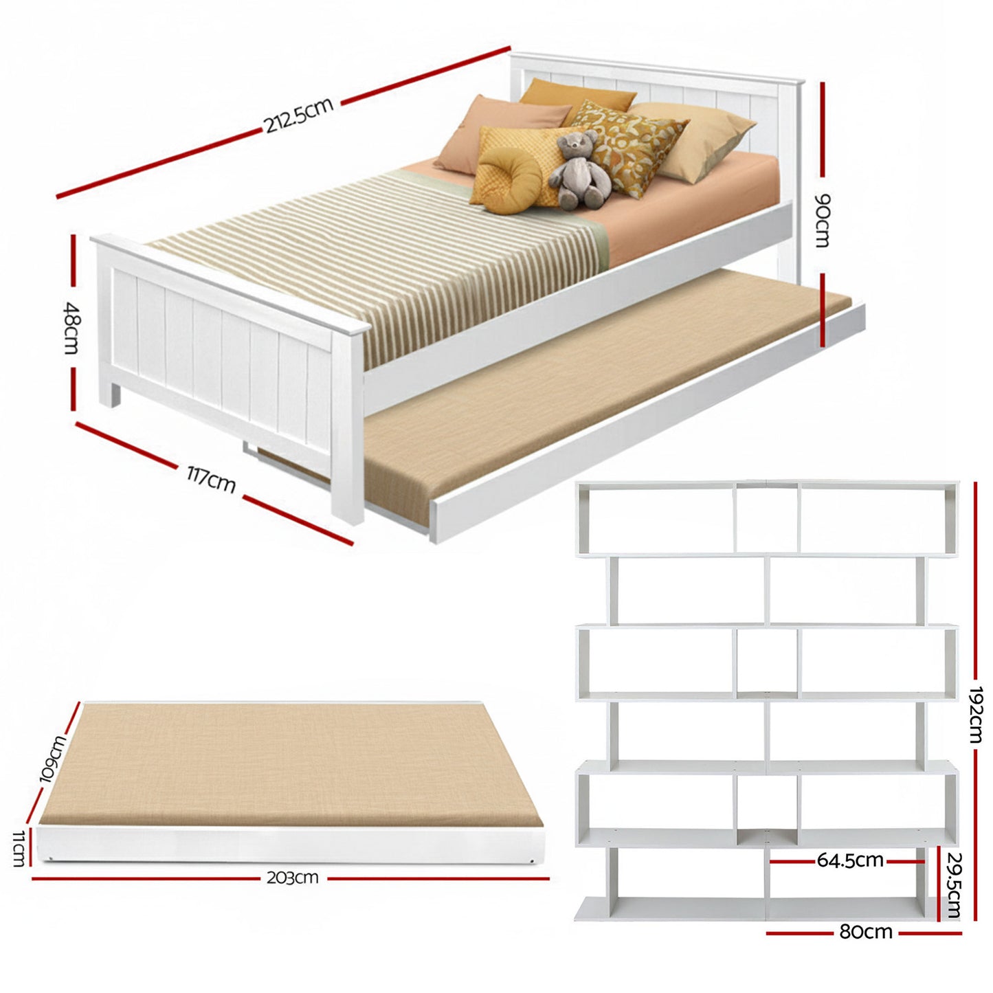 Elvis Trundle Bed with S-Shape Display Shelf – King Single, Pine Wood, White Finish