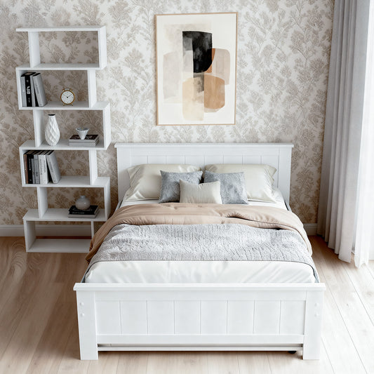 Elvis Trundle Bed with S-Shape Display Shelf – King Single, Pine Wood, White Finish