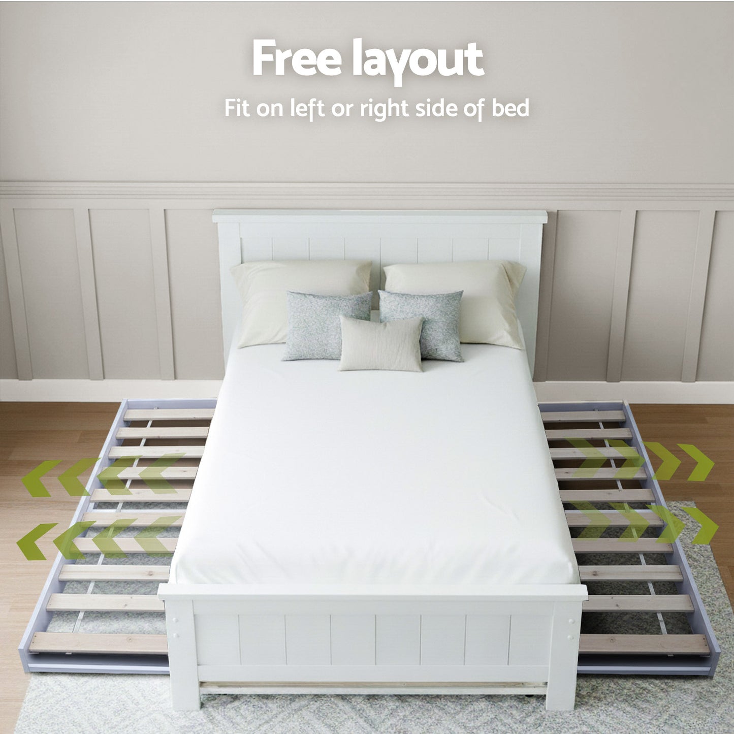 Elvis Trundle Bed with S-Shape Display Shelf – King Single, Pine Wood, White Finish