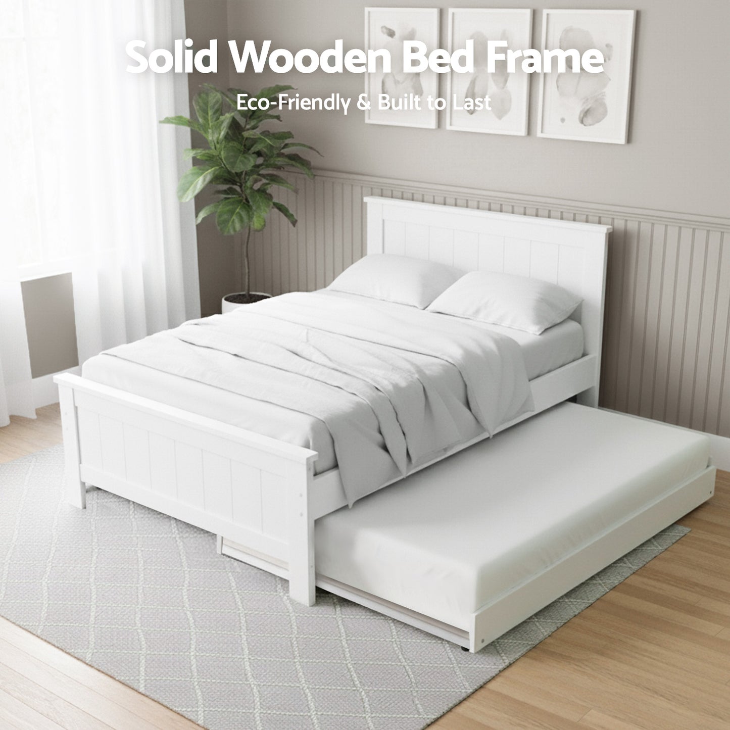 Elvis Trundle Bed with S-Shape Display Shelf – King Single, Pine Wood, White Finish