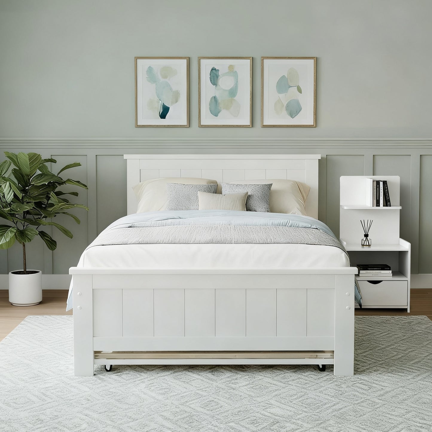 King Single Trundle Bed Frame with Bedside Table – White Pine Wood