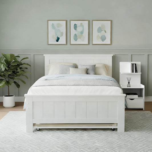 King Single Trundle Bed Frame with Bedside Table – White Pine Wood