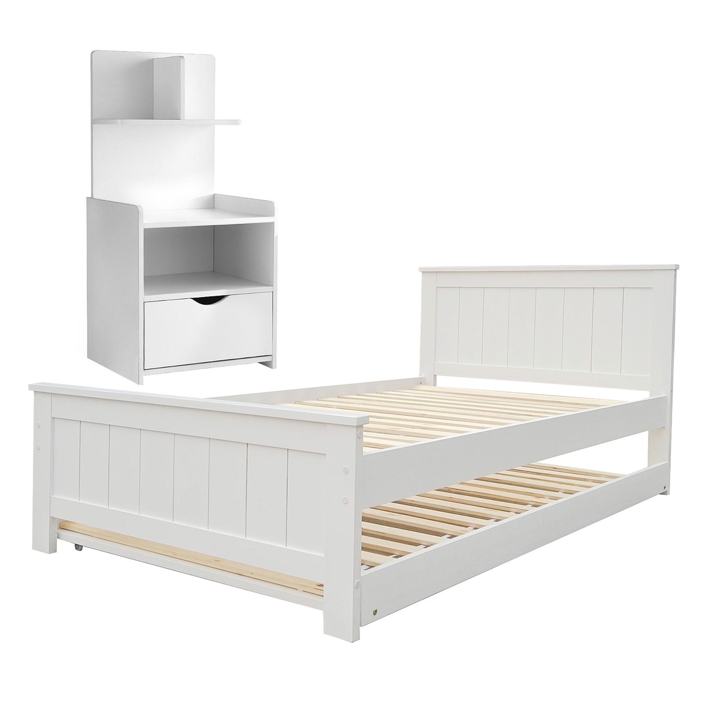 King Single Trundle Bed Frame with Bedside Table – White Pine Wood