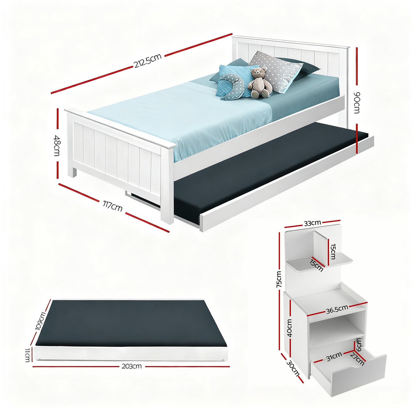 King Single Trundle Bed Frame with Bedside Table – White Pine Wood
