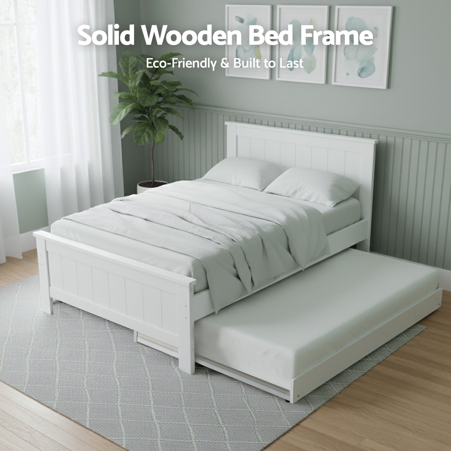 King Single Trundle Bed Frame with Bedside Table – White Pine Wood