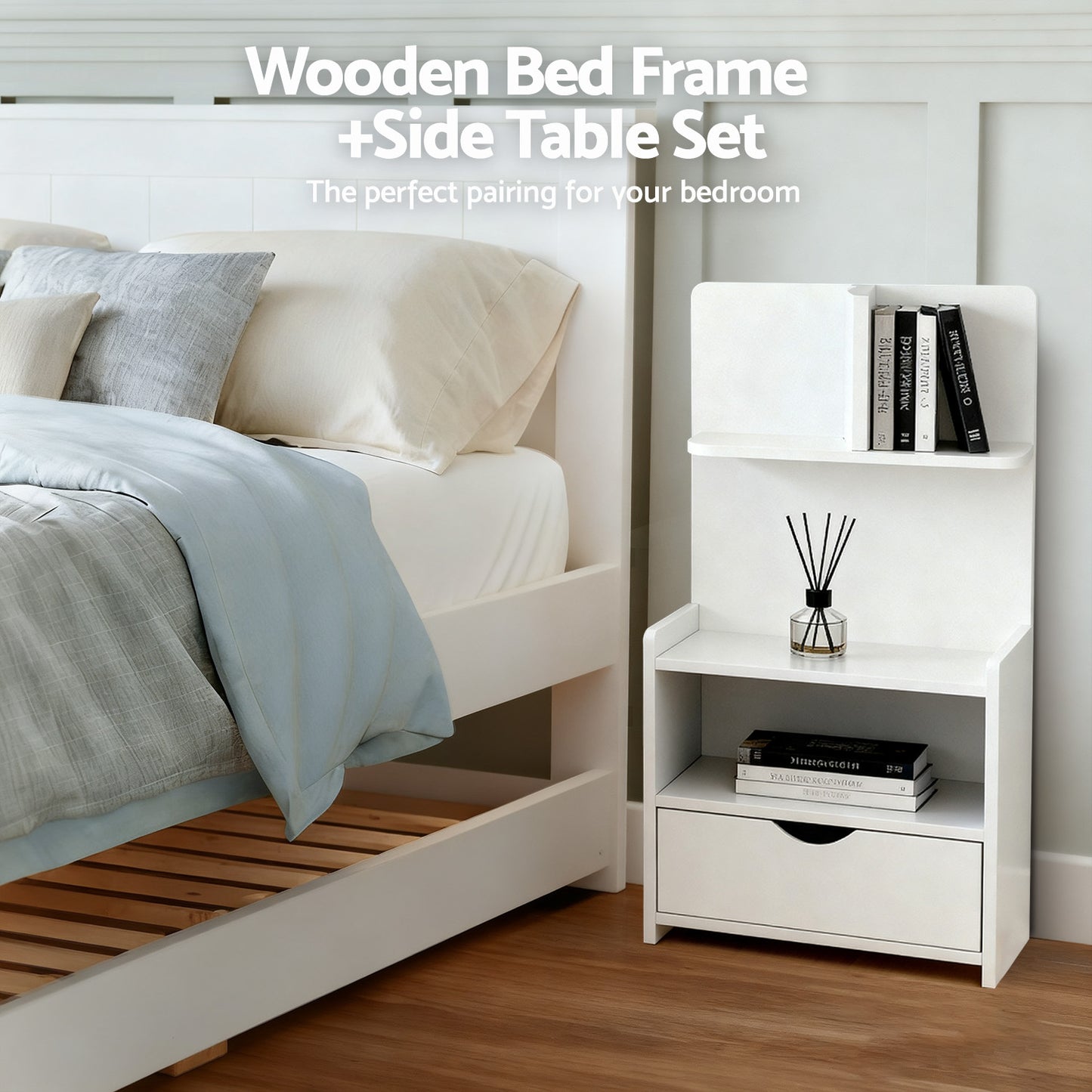 King Single Trundle Bed Frame with Bedside Table – White Pine Wood