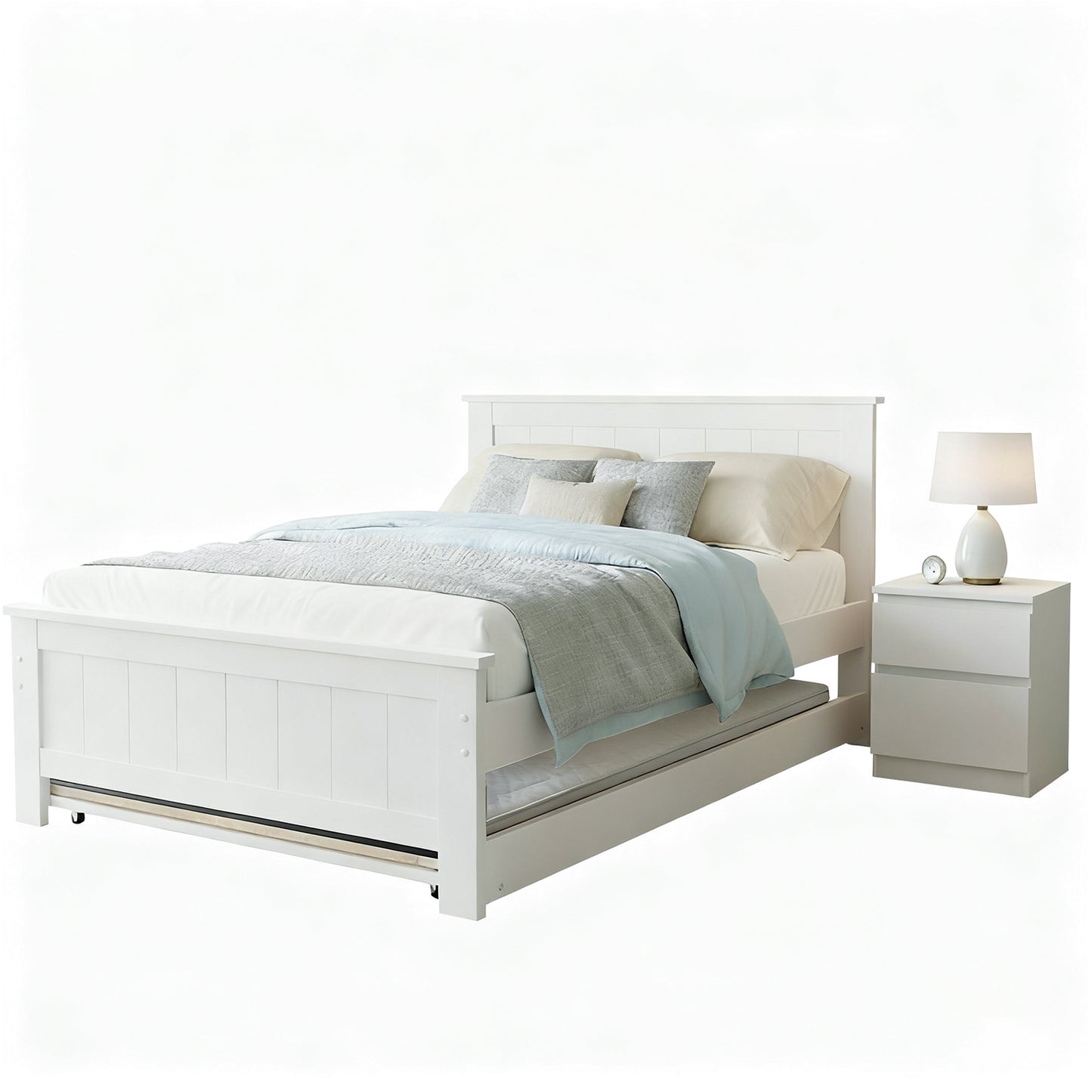 Elvis Trundle Bed and Pepe Bedside Table – King Single, Solid Pine, White Finish