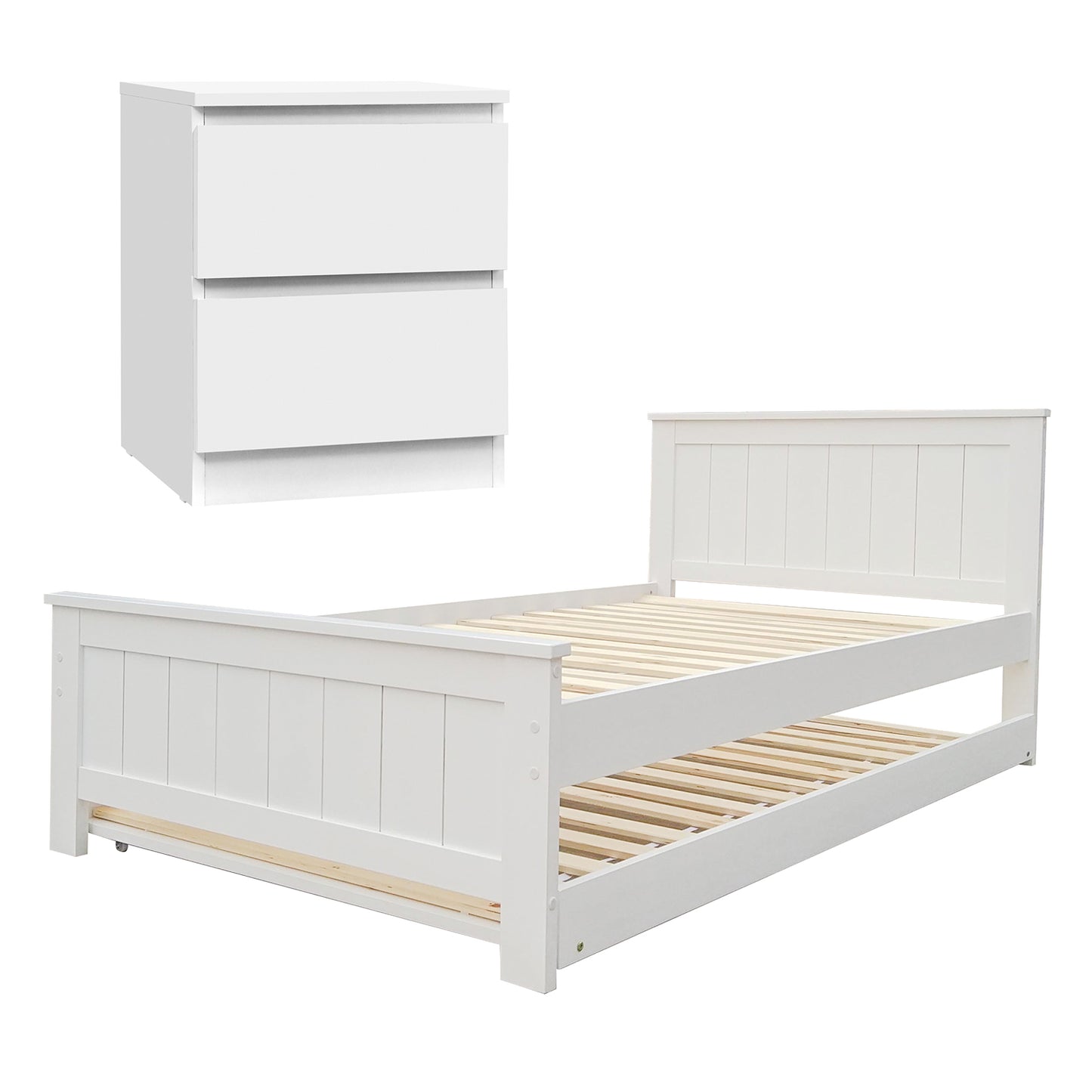 Elvis Trundle Bed and Pepe Bedside Table – King Single, Solid Pine, White Finish