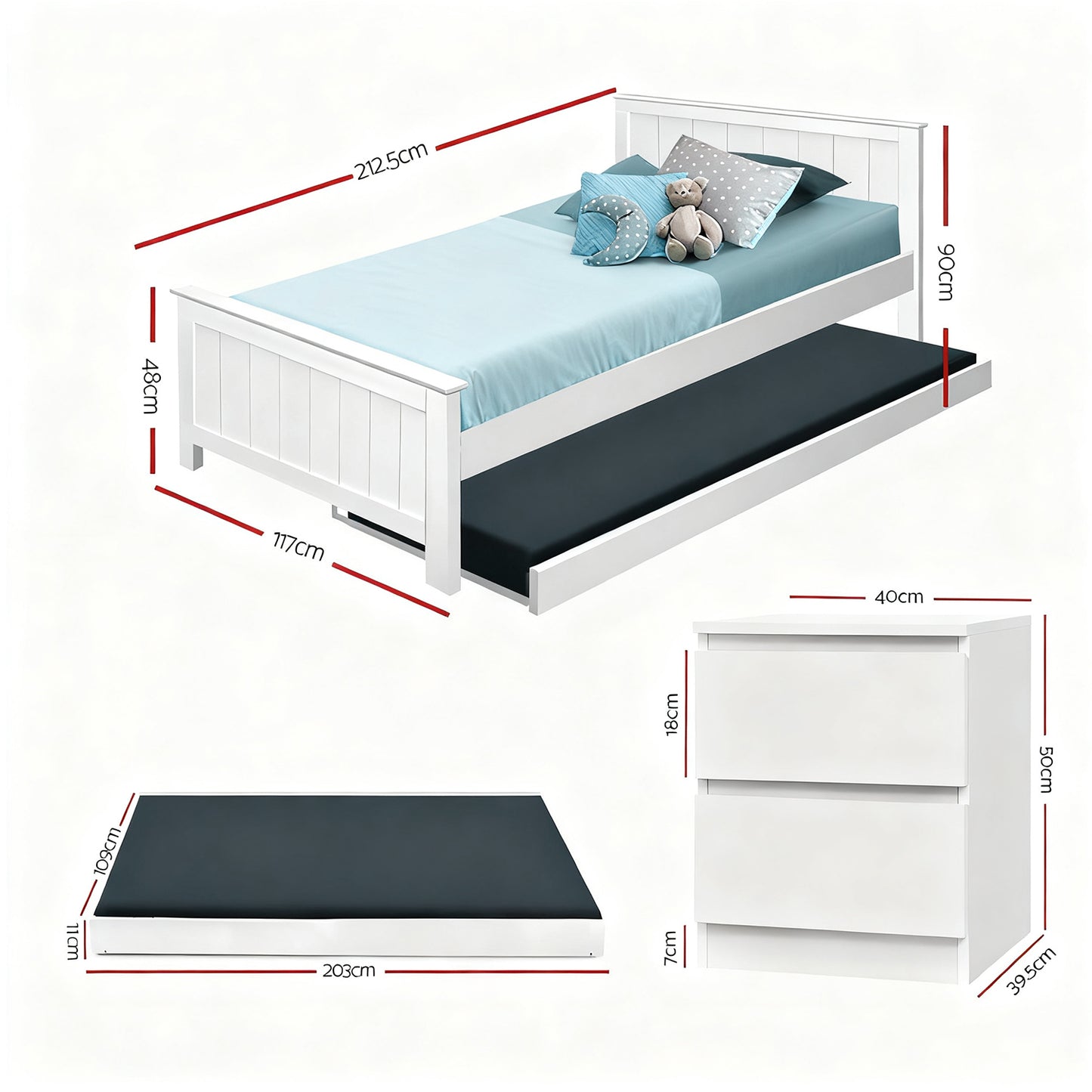 Elvis Trundle Bed and Pepe Bedside Table – King Single, Solid Pine, White Finish