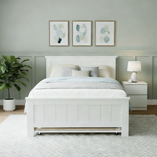 Elvis Trundle Bed and Pepe Bedside Table – King Single, Solid Pine, White Finish