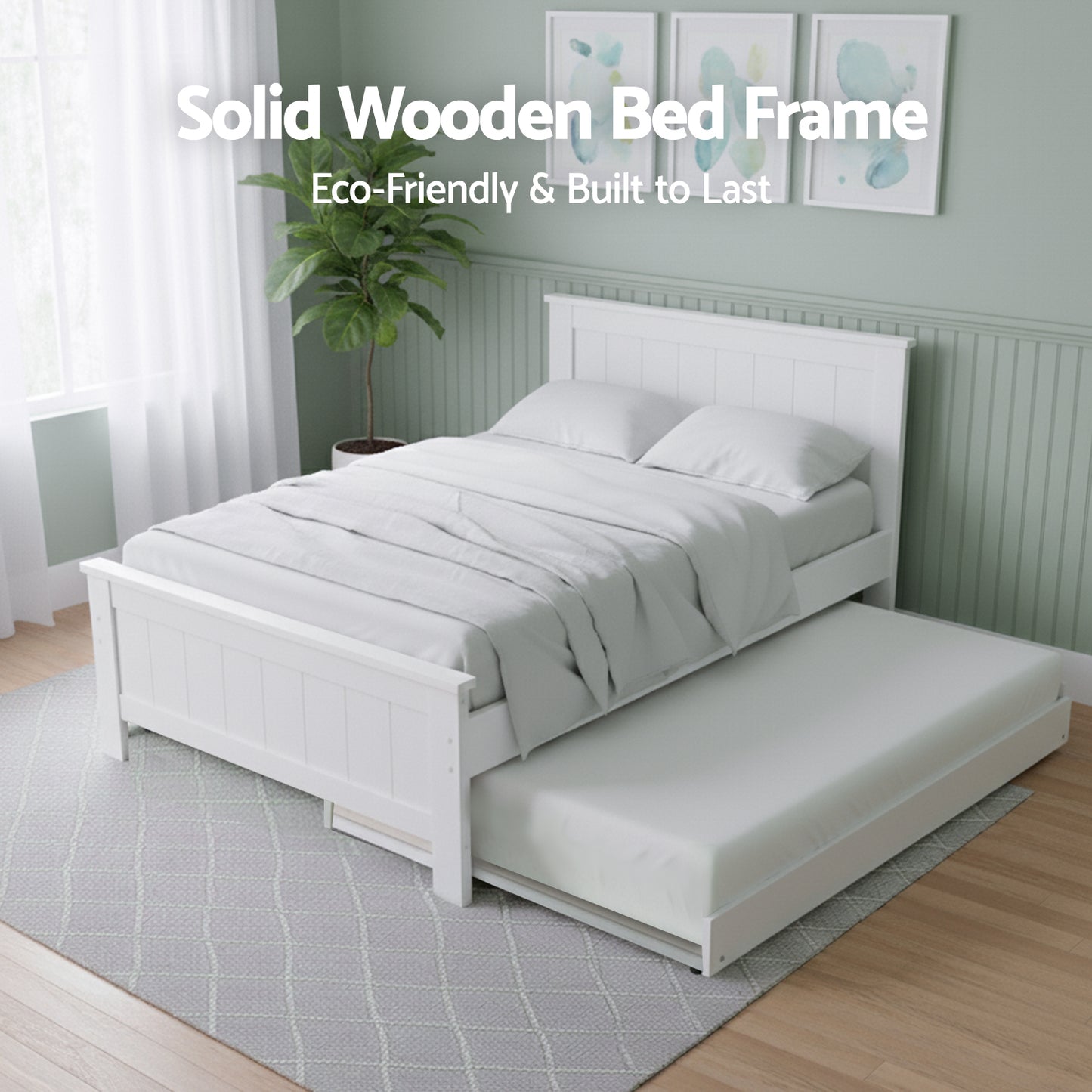 Elvis Trundle Bed and Pepe Bedside Table – King Single, Solid Pine, White Finish