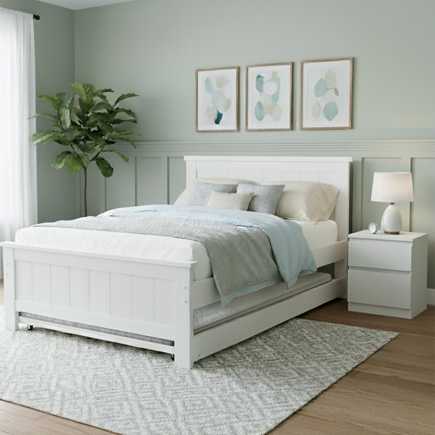 Elvis Trundle Bed and Pepe Bedside Table – King Single, Solid Pine, White Finish