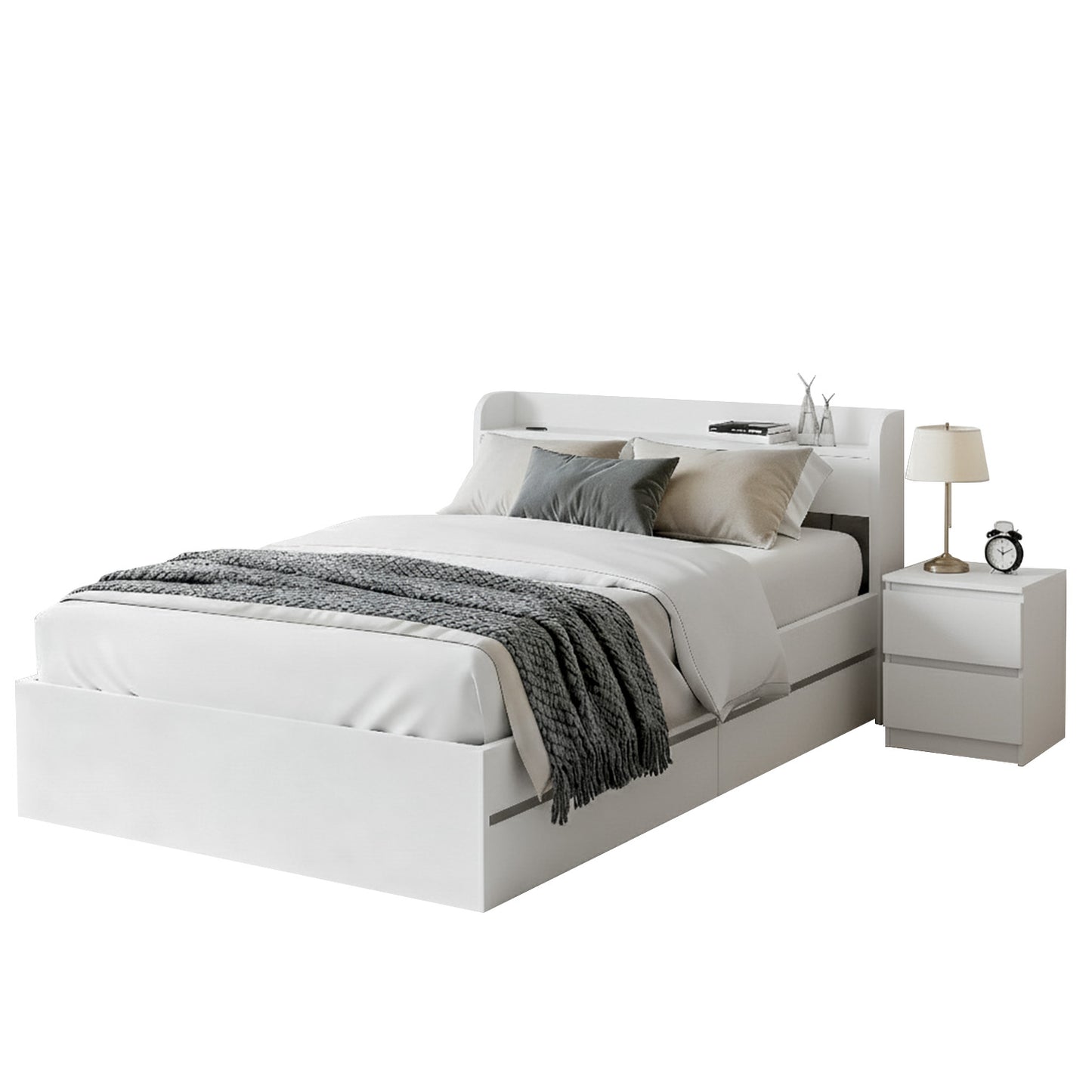 Aura Bed Frame with Storage and USB Ports – White with Pepe Bedside Table