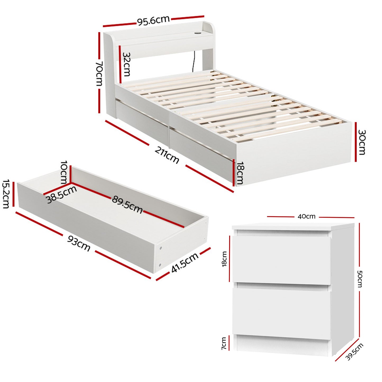 Aura Bed Frame with Storage and USB Ports – White with Pepe Bedside Table