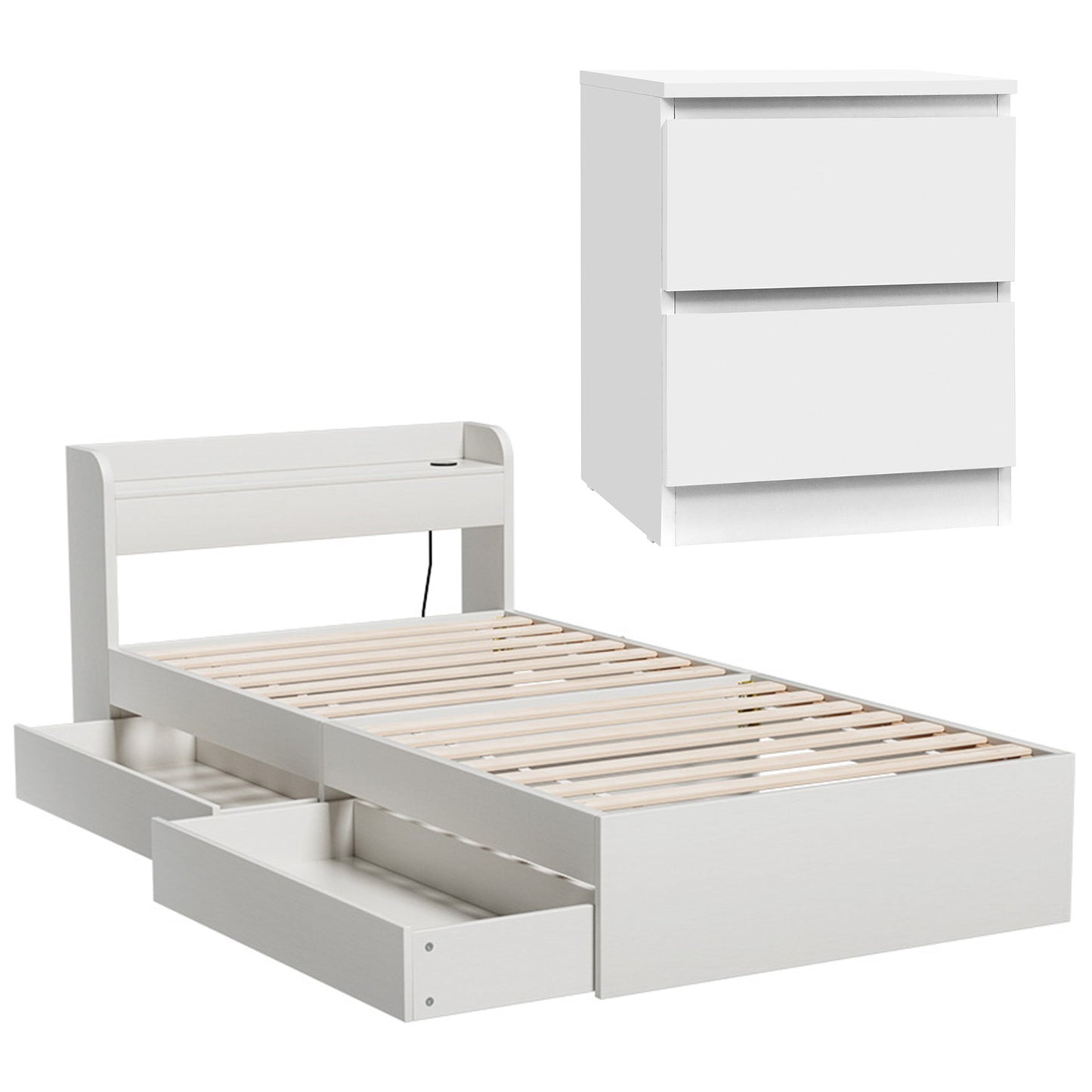 Aura Bed Frame with Storage and USB Ports – White with Pepe Bedside Table