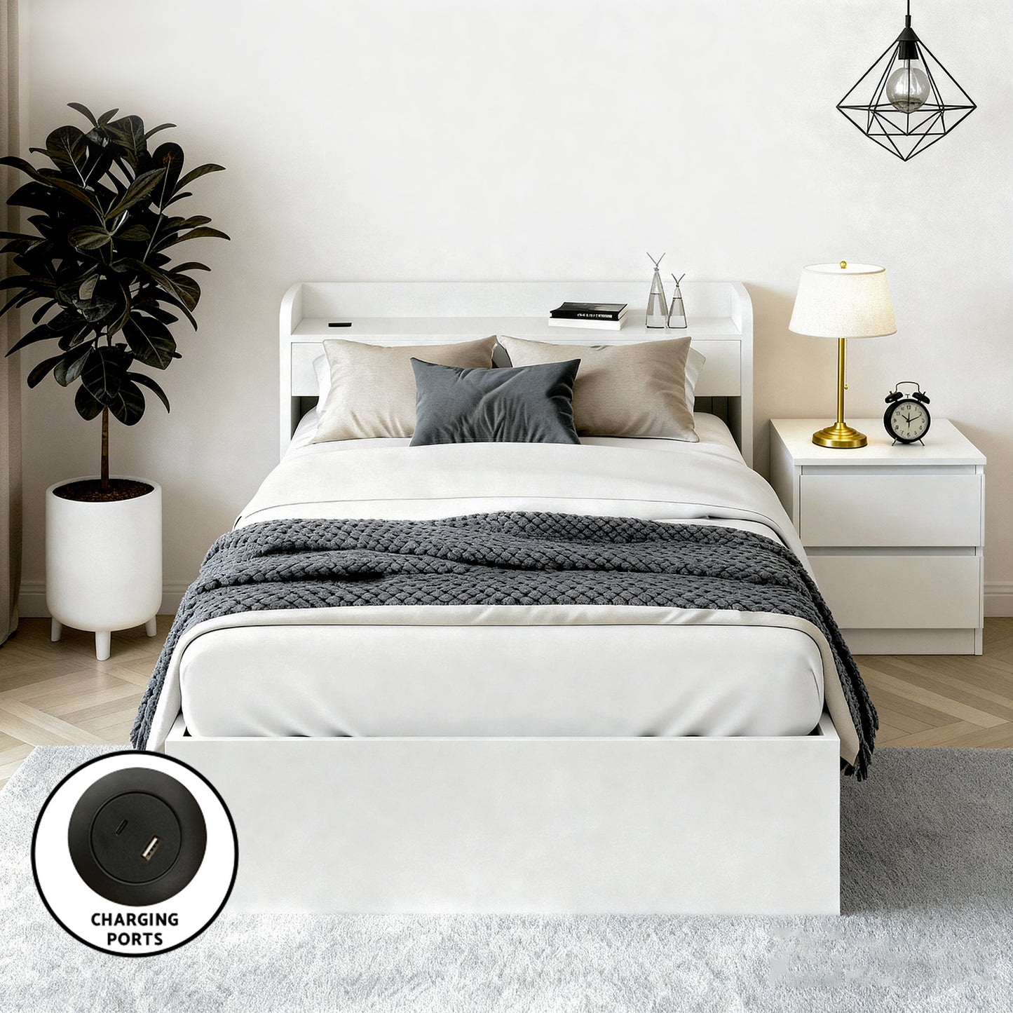 Aura Bed Frame with Storage and USB Ports – White with Pepe Bedside Table
