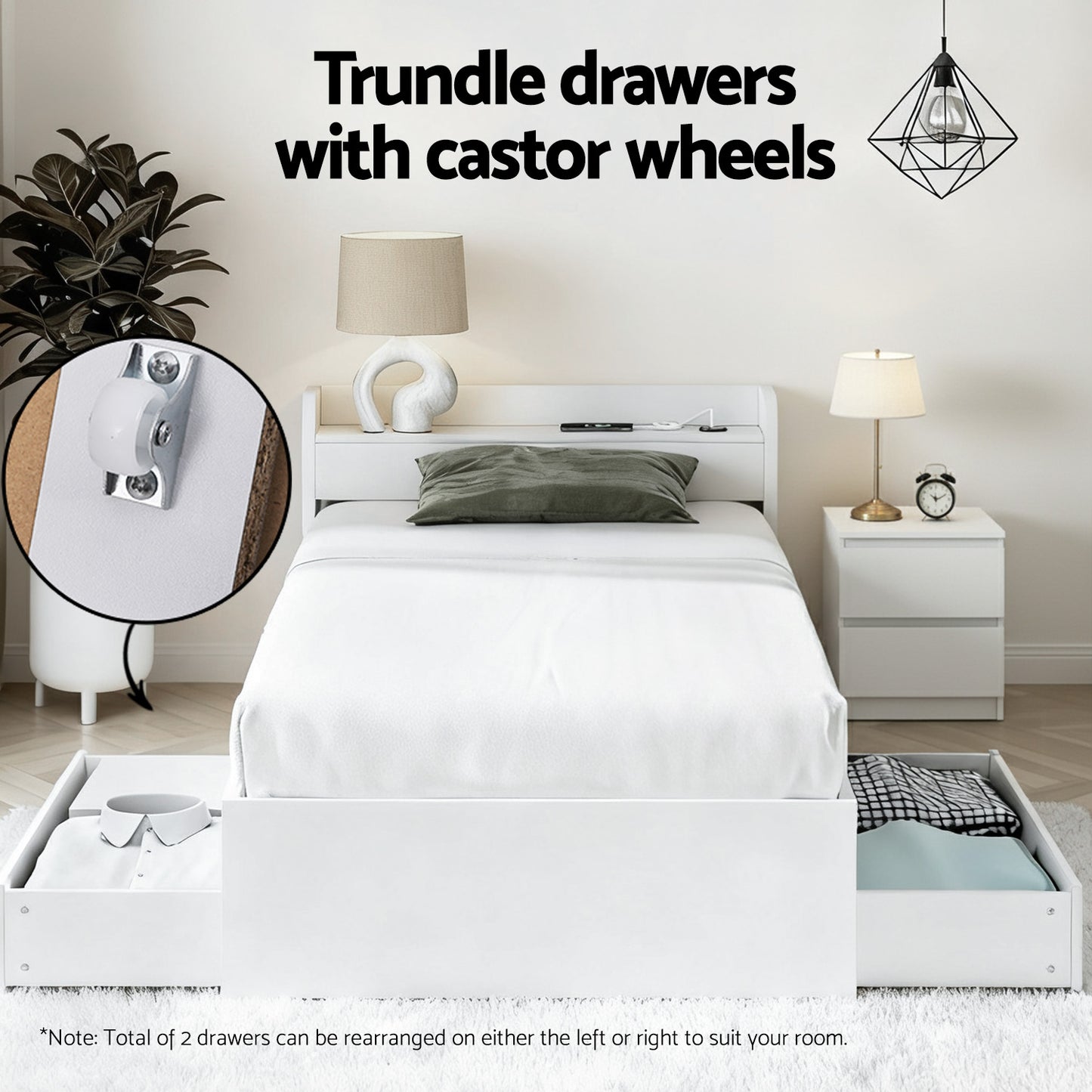 Aura Bed Frame with Storage and USB Ports – White with Pepe Bedside Table