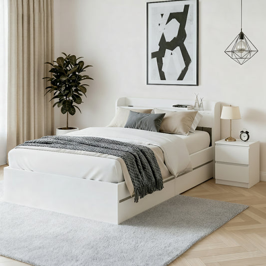 Aura Bed Frame with Storage and USB Ports – White with Pepe Bedside Table