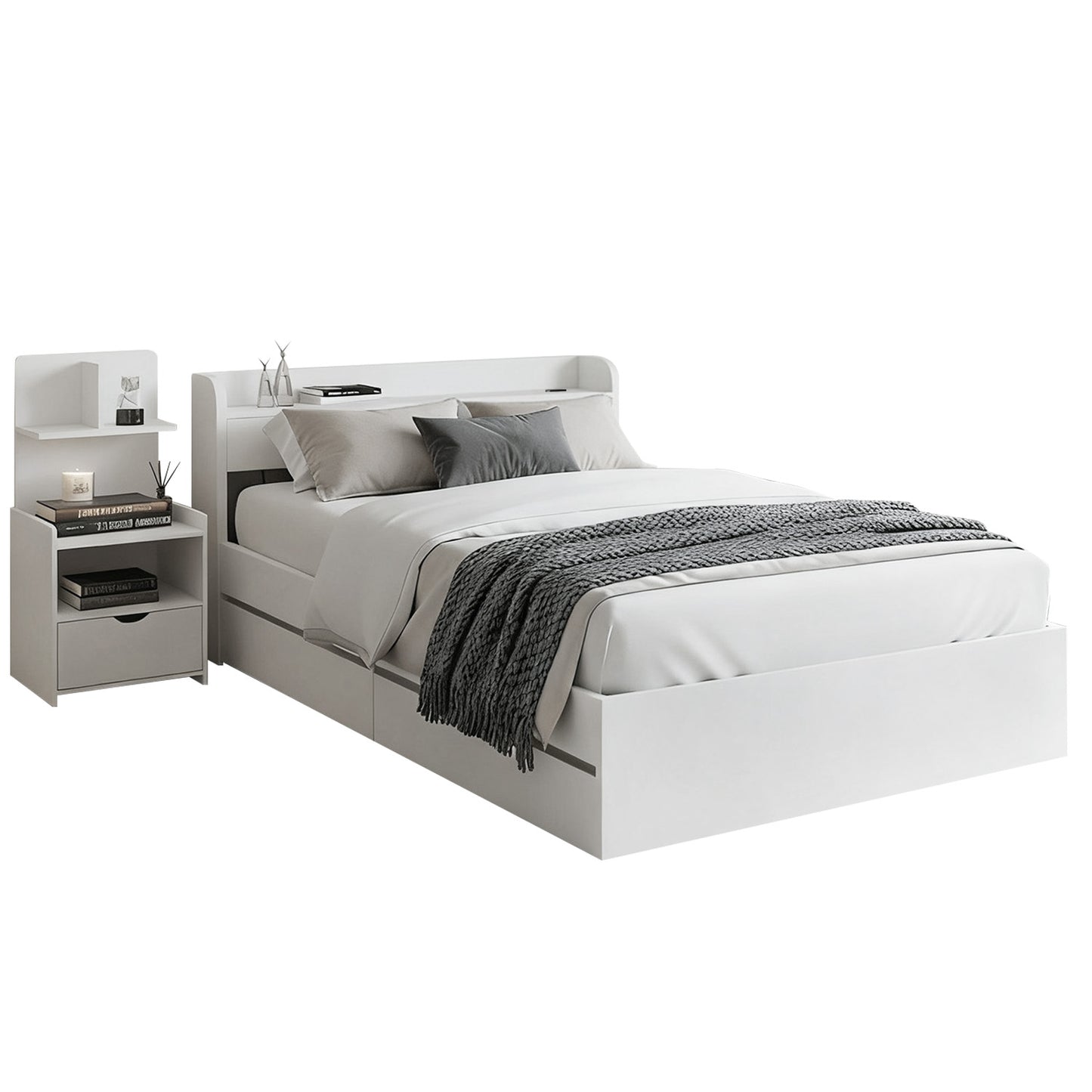 Aura Bed Frame with USB Charging Ports and Bedside Table – White, Particleboard