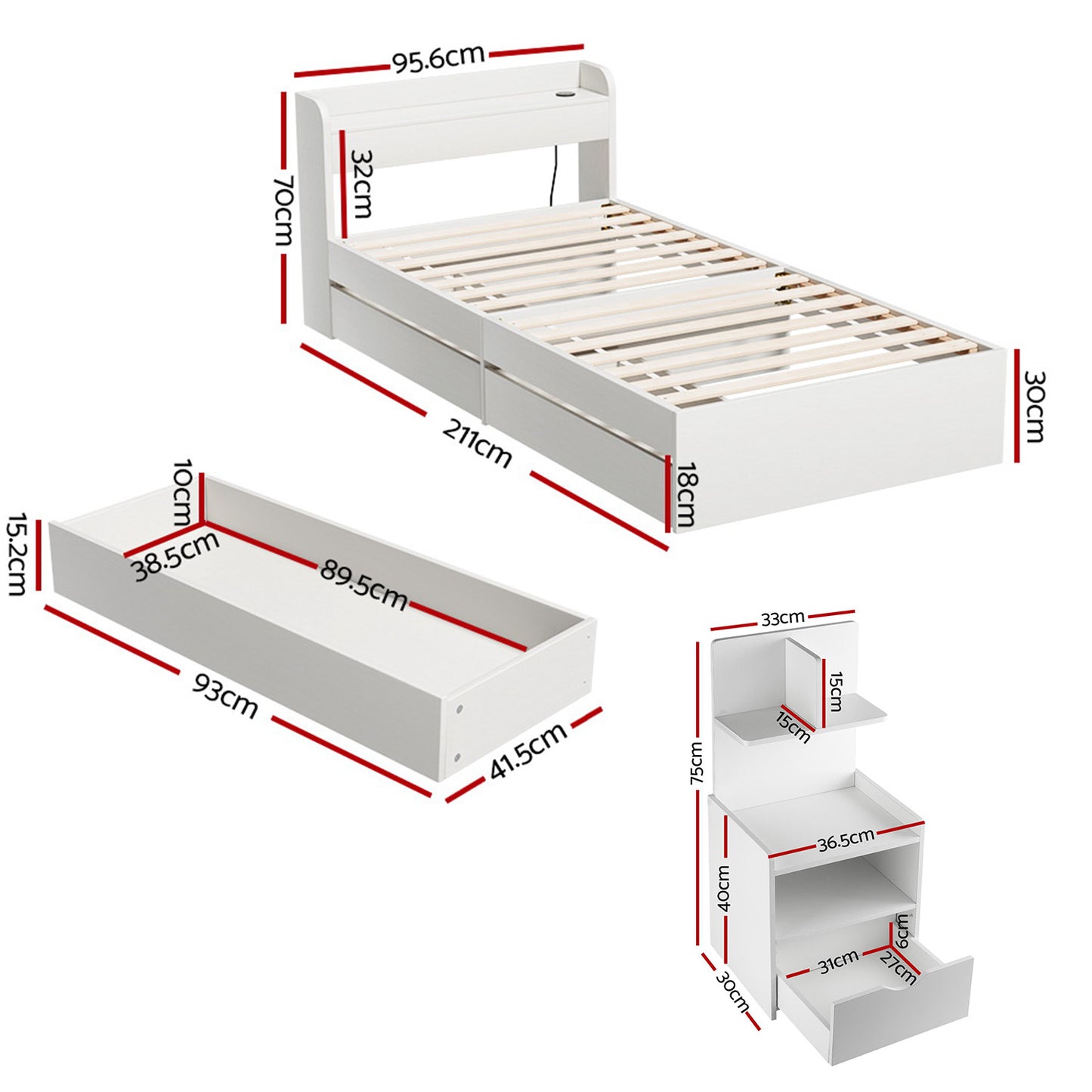 Aura Bed Frame with USB Charging Ports and Bedside Table – White, Particleboard