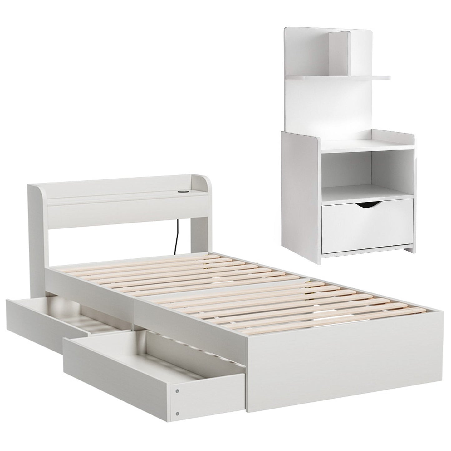 Aura Bed Frame with USB Charging Ports and Bedside Table – White, Particleboard
