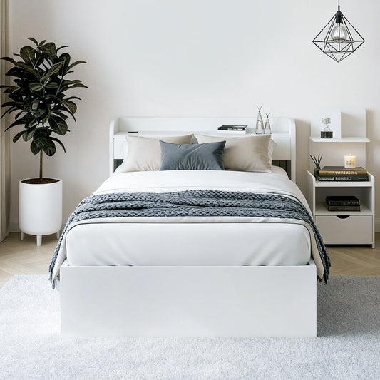 Aura Bed Frame with USB Charging Ports and Bedside Table – White, Particleboard