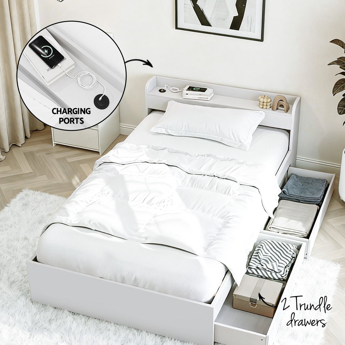 Aura Bed Frame with USB Charging Ports and Bedside Table – White, Particleboard