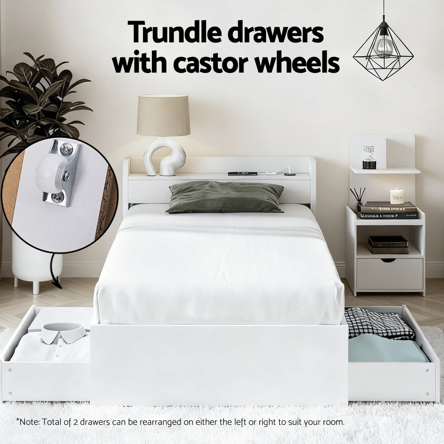 Aura Bed Frame with USB Charging Ports and Bedside Table – White, Particleboard