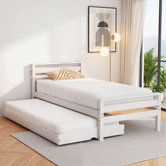 White pinewood Avis bed frame with 2-in-1 trundle, single size, from The Willow Stone Collective, showcasing clean, modern bedroom furniture.