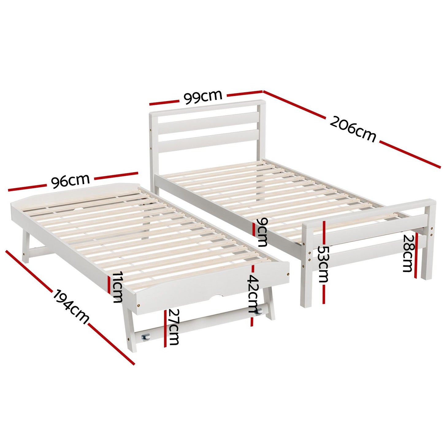 Avis Bed Frame – 2-in-1 Trundle, Single Size, White Pinewood