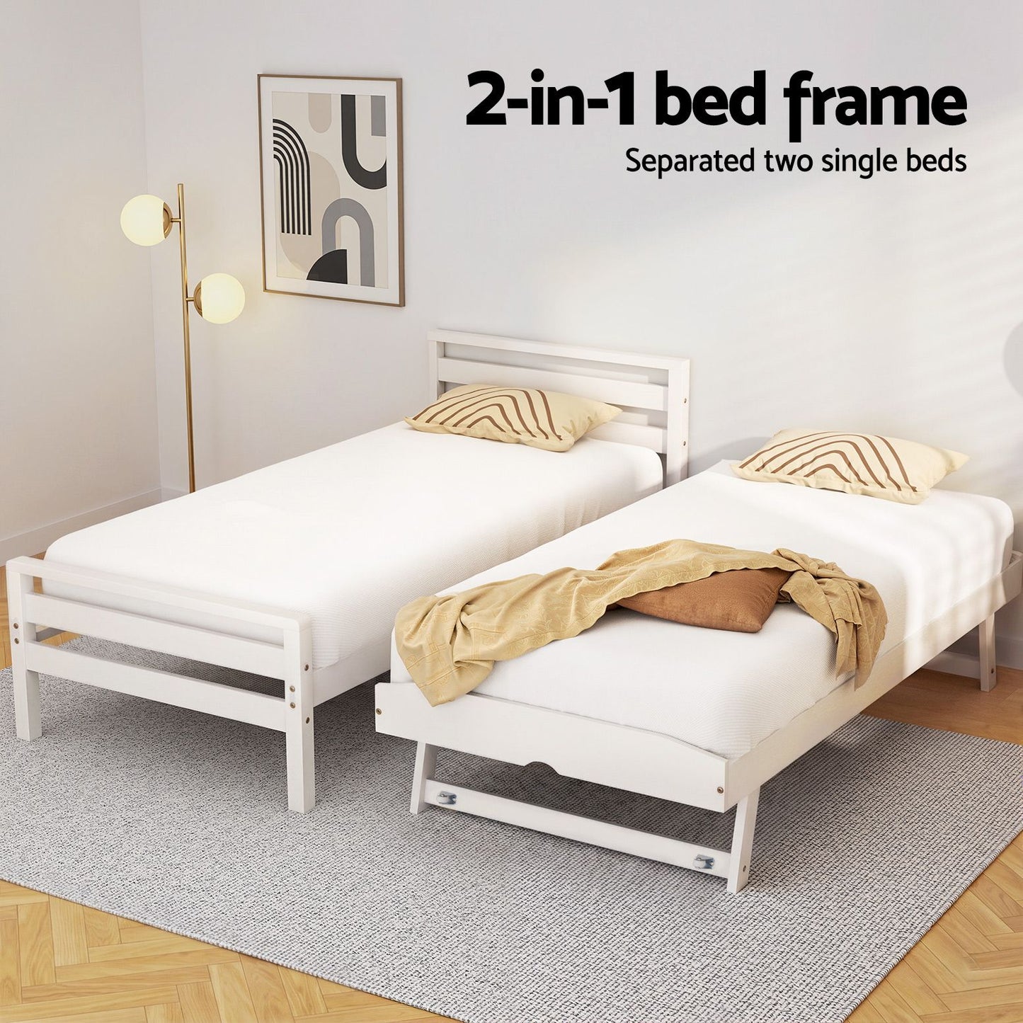 Avis Bed Frame – 2-in-1 Trundle, Single Size, White Pinewood