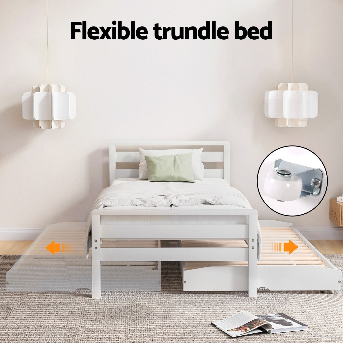 Avis Bed Frame – 2-in-1 Trundle, Single Size, White Pinewood