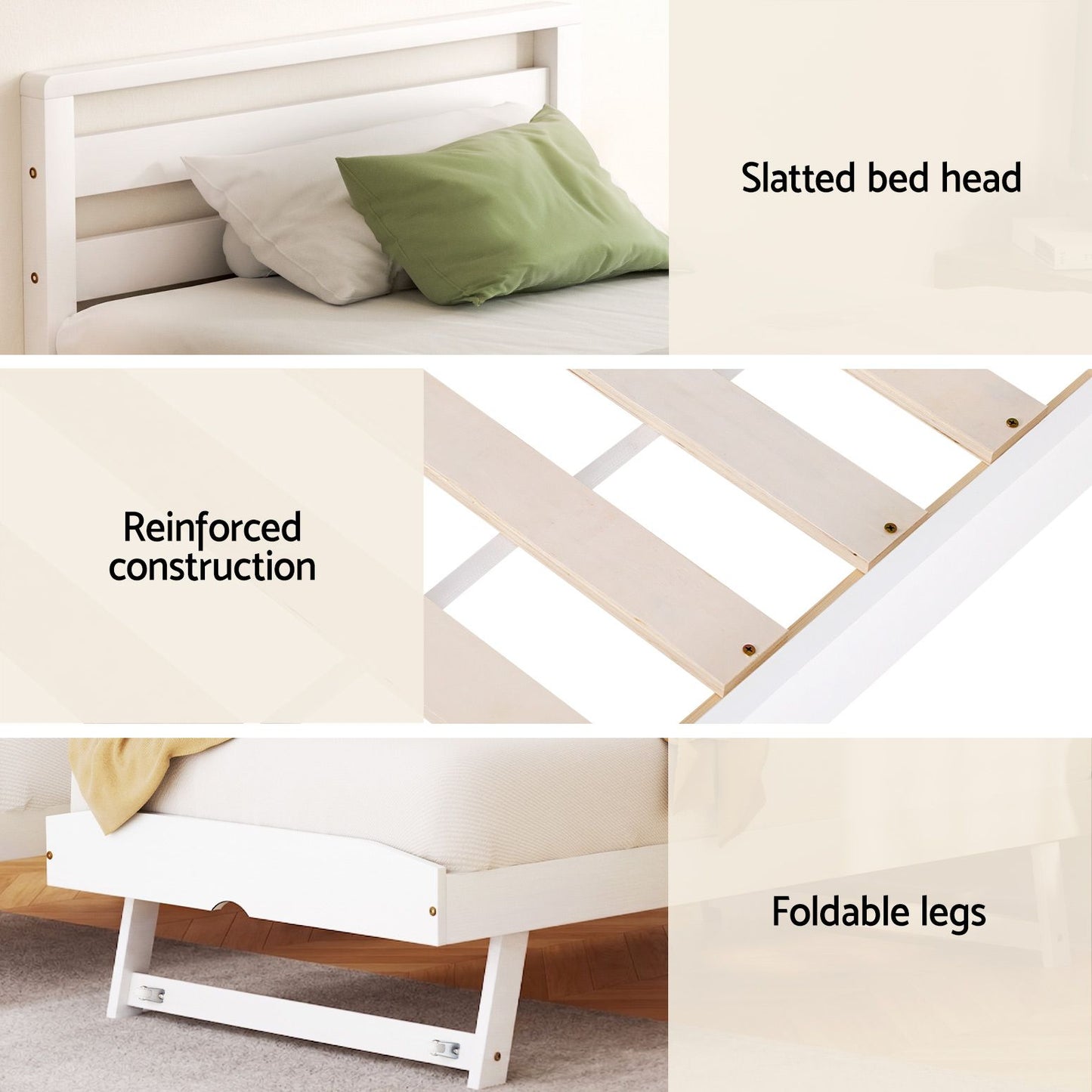 Avis Bed Frame – 2-in-1 Trundle, Single Size, White Pinewood