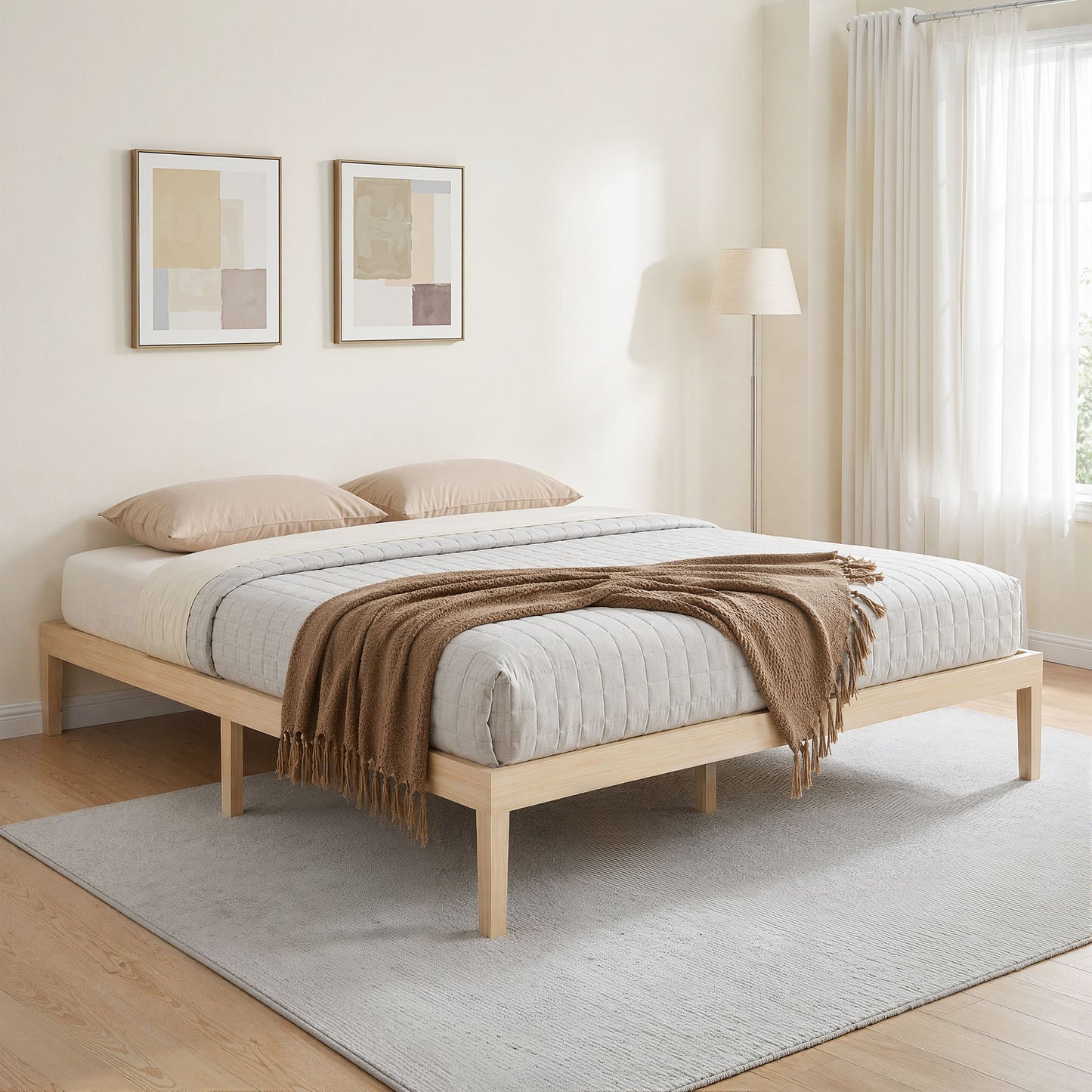 King size Bruno bed frame by The Willow Stone Collective, solid pinewood platform with a natural finish, modern bedroom furniture.