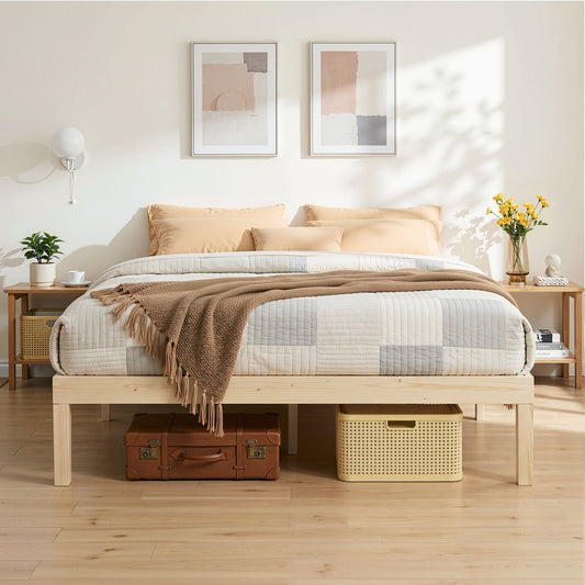 Queen size Bruno wooden bed frame by The Willow Stone Collective with pine timber, showcasing a sturdy, natural wood design.
