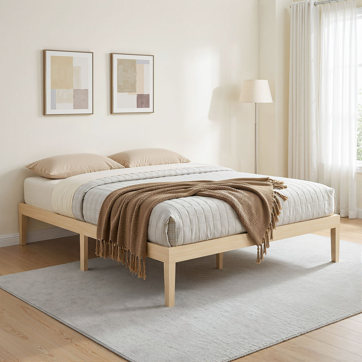 Queen size Bruno wooden bed frame made of pine timber with a natural finish, featuring a sturdy slatted headboard and modern design.