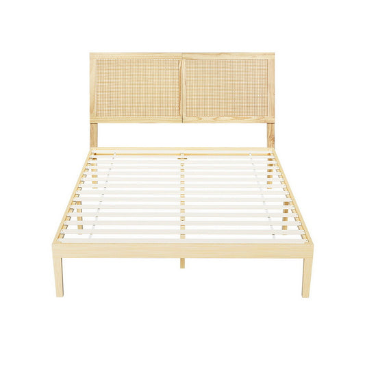 Bruno Bed Frame – Pinewood with Rattan Headboard, Queen Size