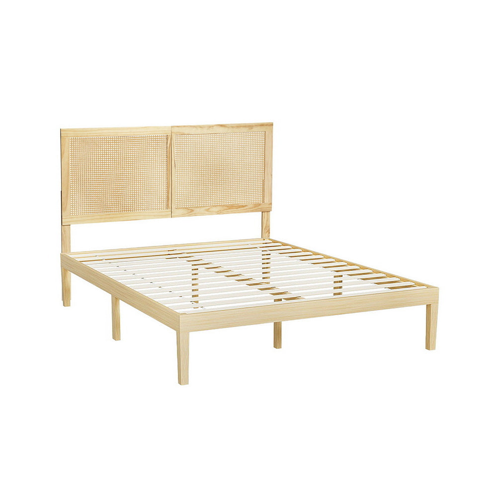 Bruno Bed Frame – Pinewood with Rattan Headboard, Queen Size